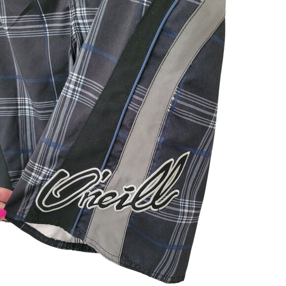 ONeill Plaid Board Shorts Mens Size 32 Black/Gray/Blue Surf Swimwear Beach - Picture 6 of 10